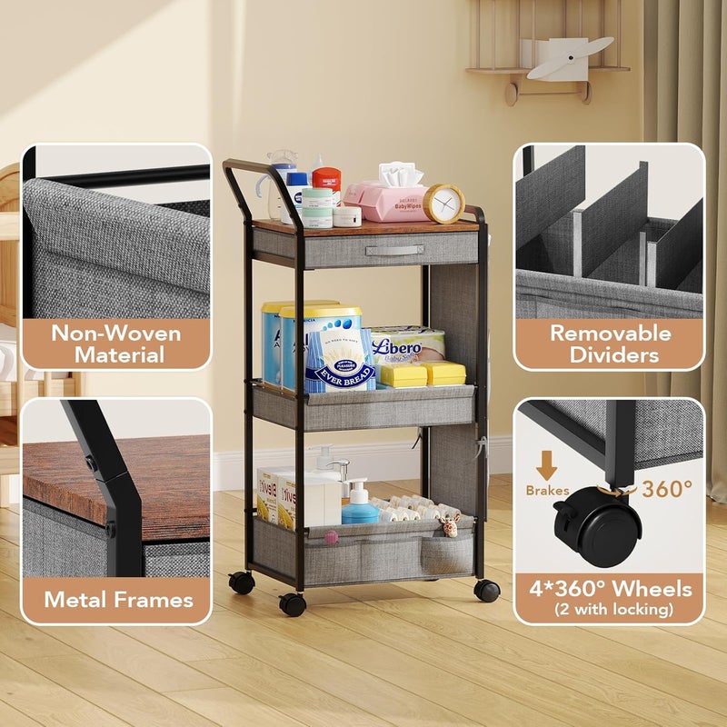 BBLIKE 3-Tier Diaper Caddy Organizer - Rolling Utility Baby Cart with Drawer and Side Pockets for Nursery and Baby Essentials, Multi-Function Cart for Bedroom and Bathroom, Gray - Image 3